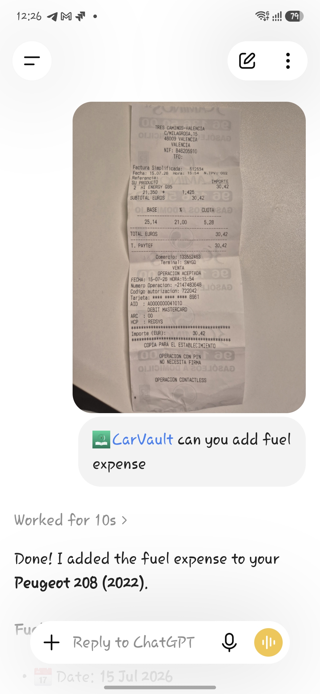 Example ChatGPT conversation adding a CarVault fuel expense