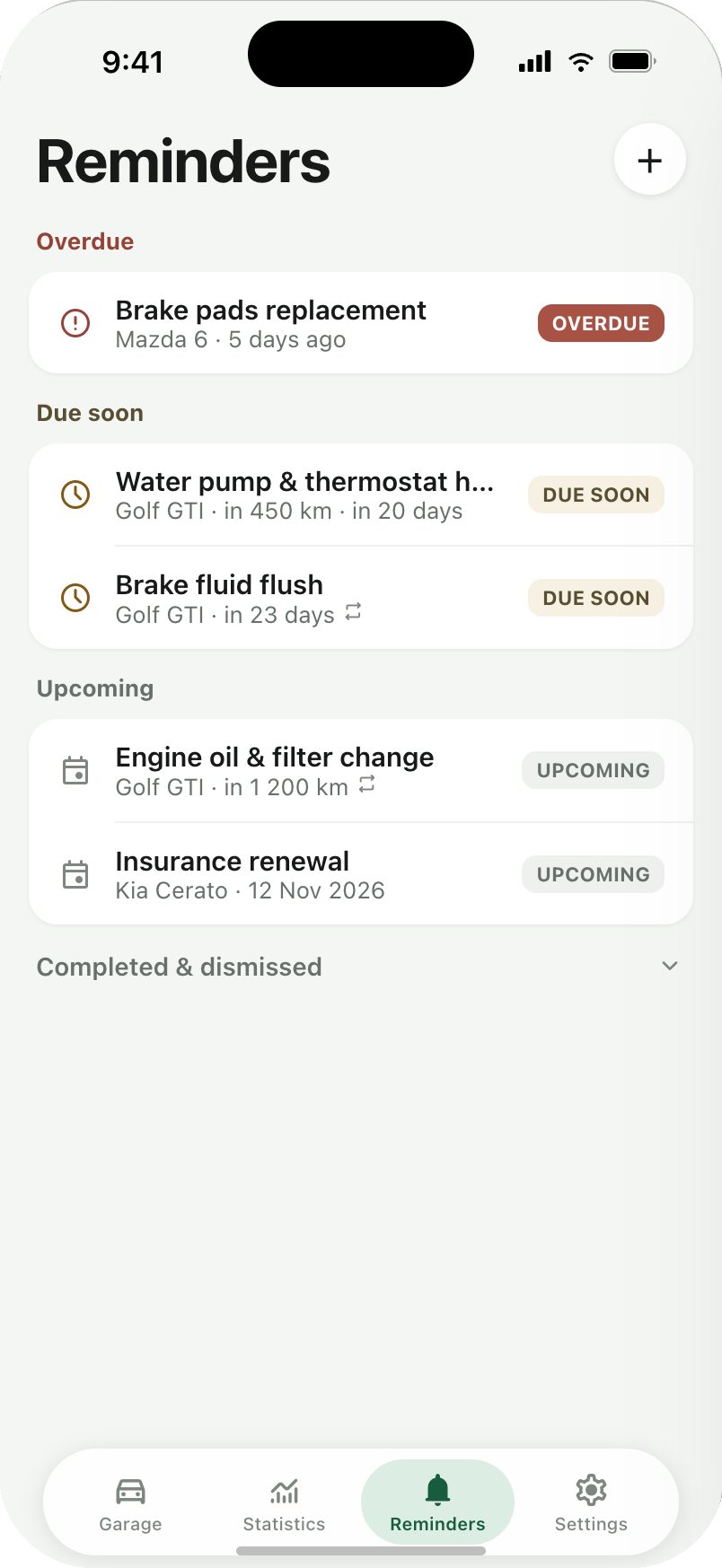 CarVault reminders screen